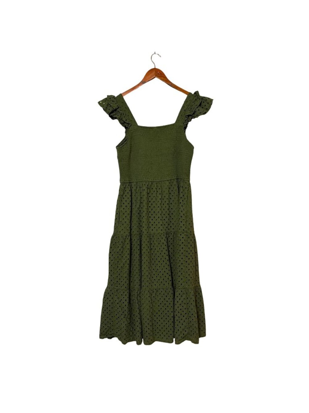 PrettyGarden XL Green Eyelet Midi Dress With Ruffle Sleeves & Smocked Bodice - Picture 2 of 5